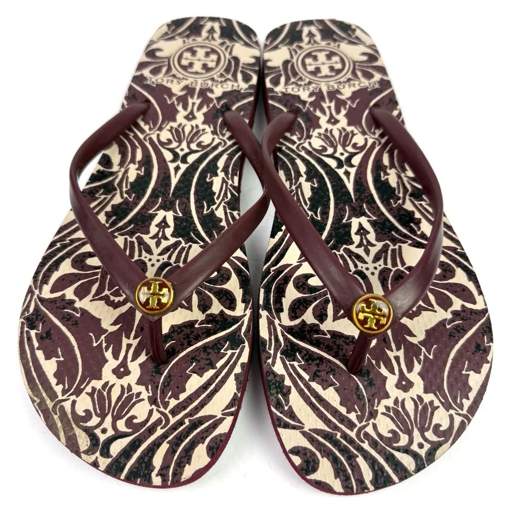 Tory Burch Flip Flops 10 Cabernet Arabesque Slip On Sandals Womens Damask Chic